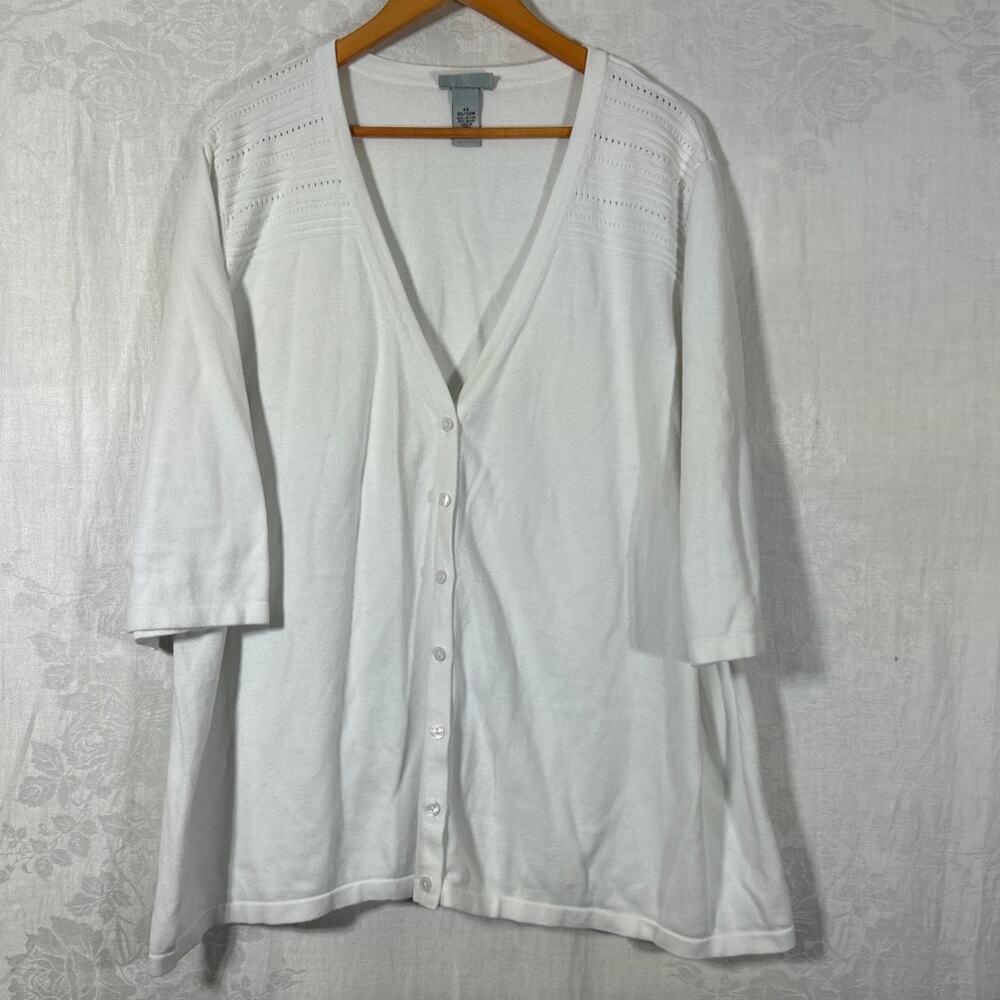 Catherines Cardigan Sweater 4X White Short Sleeve Stretch 3D Knit Detail
